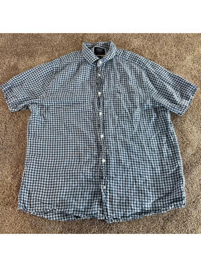 Charles Tyrwhitt Shirt Mens L Blue 100% Linen Plaid Short Sleeve Button Up